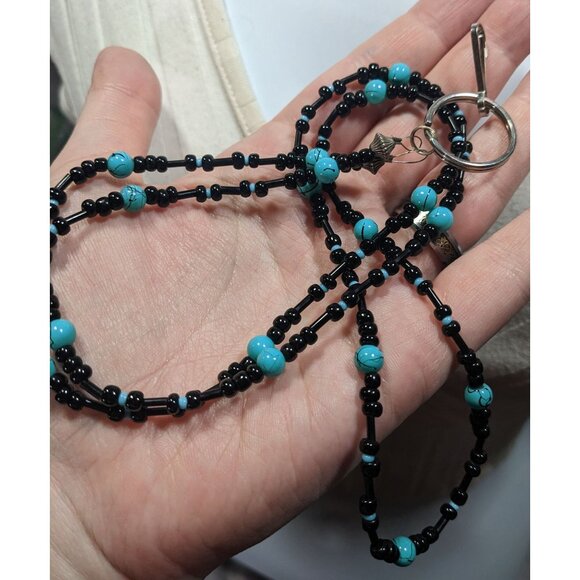 Black And Faux Turquoise Glass Beaded Lanyard - Picture 3 of 5